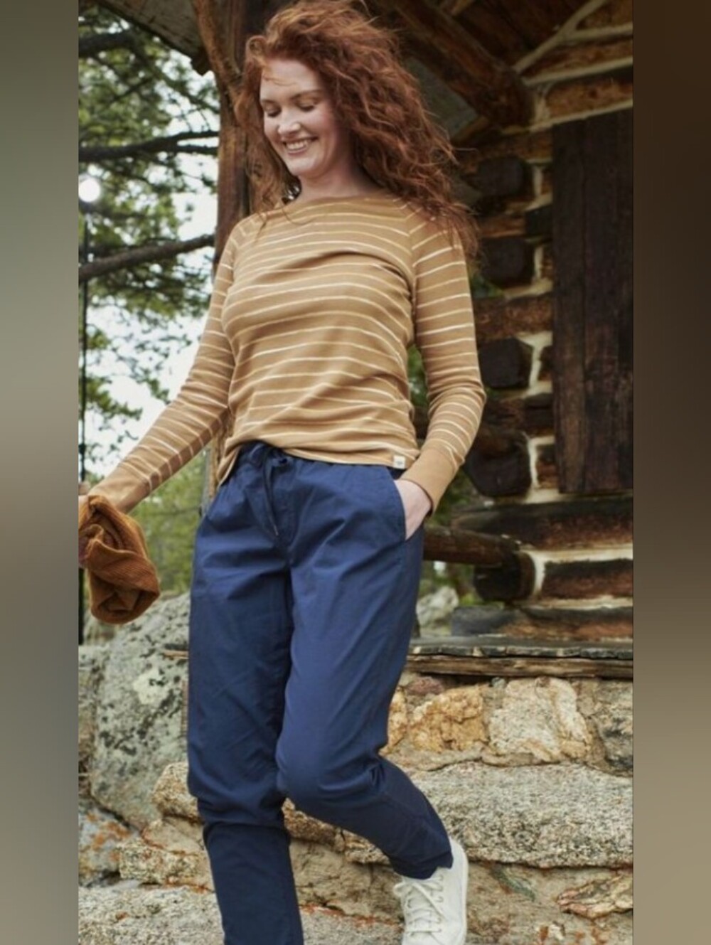 LL Bean Cotton Unshrinkable Mini-Waffle Tee Crew Striped Camel Sz XL
